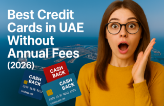 create a blog feature image for given below Title , "Best Credit Cards in UAE Without Annual Fees (2026)" add girl shocking face . girl wearing eye glases and backgound should be palm jumerah and image should be more eye catching and high quality