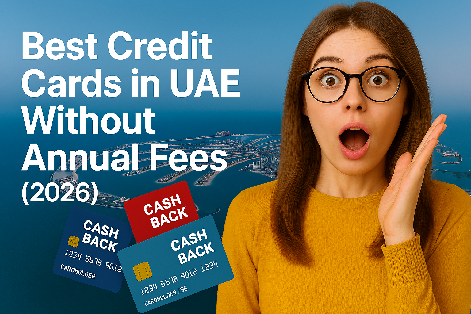 create a blog feature image for given below Title , "Best Credit Cards in UAE Without Annual Fees (2026)" add girl shocking face . girl wearing eye glases and backgound should be palm jumerah and image should be more eye catching and high quality
